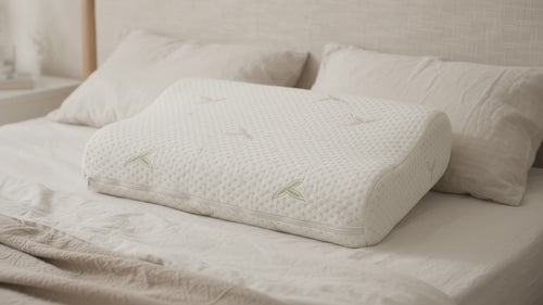 The Wave Pillow in use: side and back sleeping on the contoured memory foam pillow