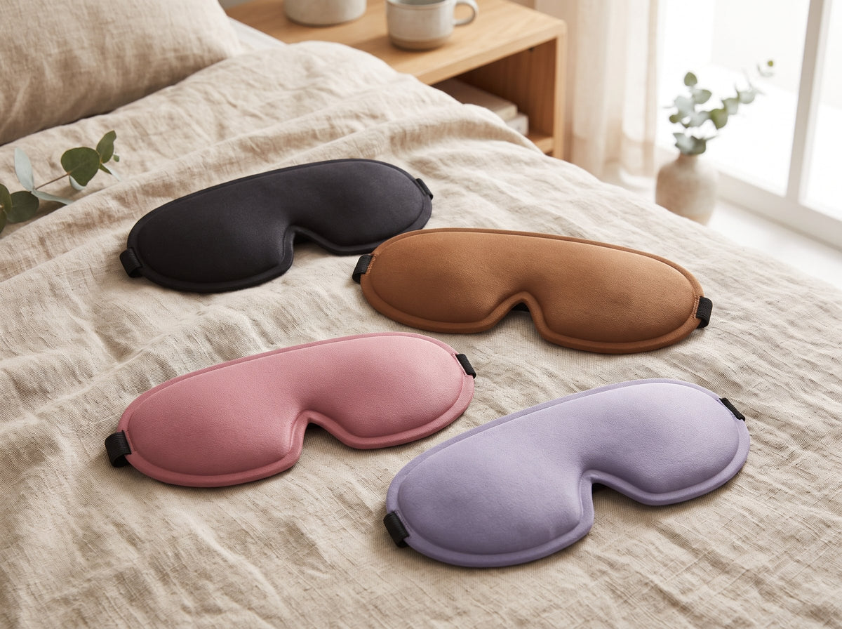 3D Contoured Sleep Mask in Black, Camel, Pink and Purple on a linen bed