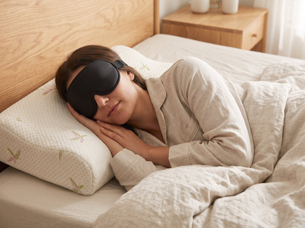 Woman sleeping on her side wearing the black 3D Contoured Sleep Mask