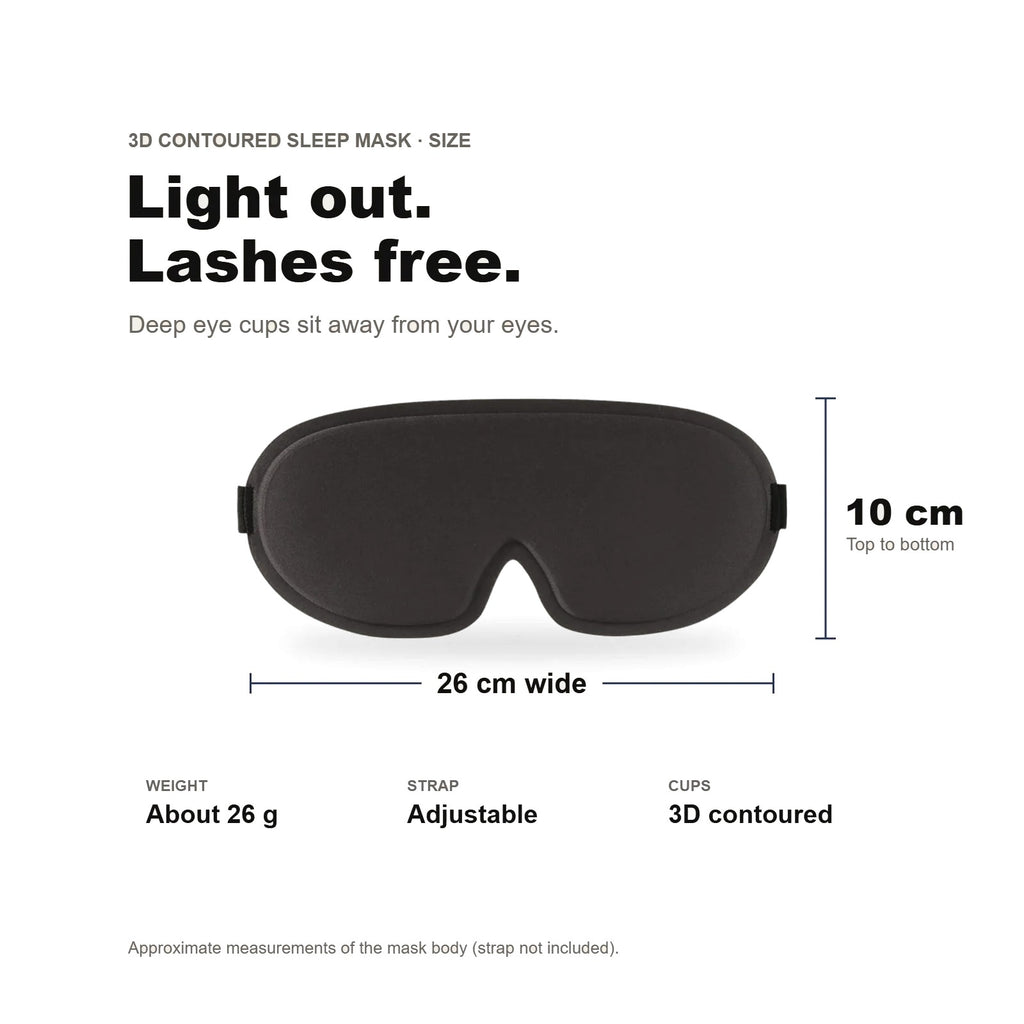 3D Contoured Sleep Mask size: 26 cm wide, 10 cm top to bottom, about 26 g